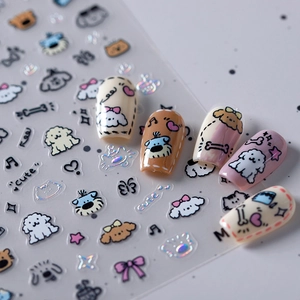 Laser holographic cartoon dog nail art stickers with 3D embossed heart and bone designs