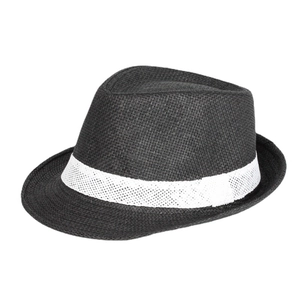 Classic black straw fedora hat for men and women with white band accent