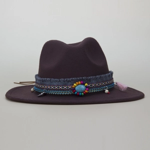 Brown wool fedora hat with ethnic woven band, turquoise stone, and pink tassel trim