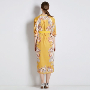 Floral print bright yellow midi dress with belt and half sleeves, back view display