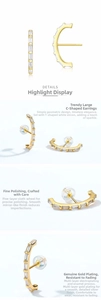 Detailed view of C-shaped earrings with gold plating and white rectangular zircon stones