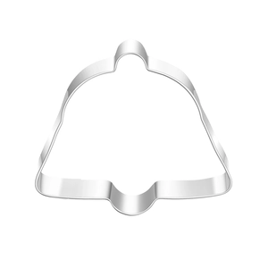 Close-up of a bell-shaped stainless steel cookie cutter with a polished silver finish