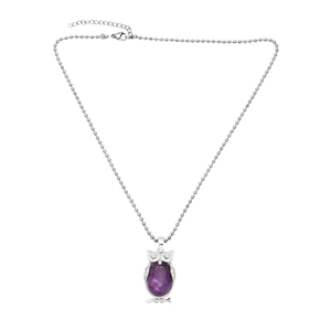 Vintage punk owl pendant necklace with large purple crystal and silver bead chain