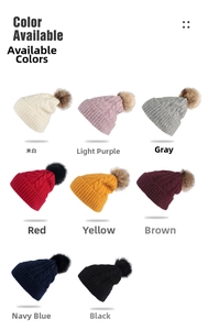 Detailed grid of thick knit beanies with fluffy pom-poms in eight solid color choices