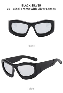 Front and side view of matte black Y2K oversized sunglasses with silver mirror lenses