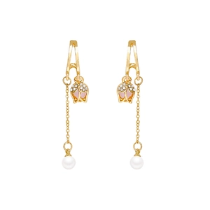 Elegant gold tulip earrings with pink flowers, sparkling zircons and pearl tassels