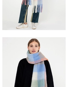 Detailed view of colorful plaid pattern and soft tassels on long wool scarf for women