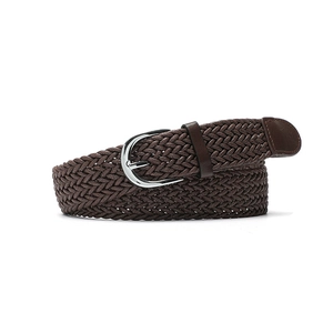 Women's braided wax rope belt in brown with silver metal buckle on white background