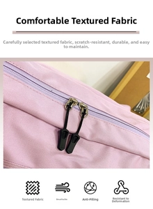 Close-up detail of the durable lavender fabric and dual zippers on a sports travel bag.