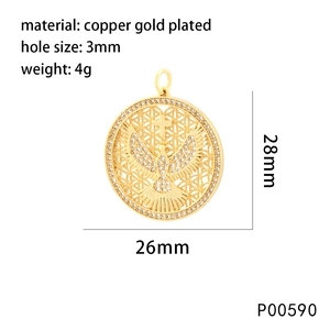 Detailed dimensions of gold plated hollow round pendant with cross and dove motifs