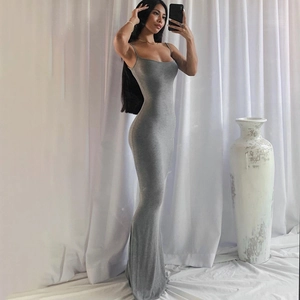 Elegant grey bodycon maxi dress with spaghetti straps and floor-length slim fit design