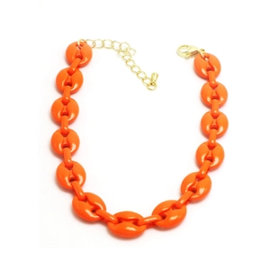 Close-up of bright orange coffee bean link necklace with golden lobster clasp and chain