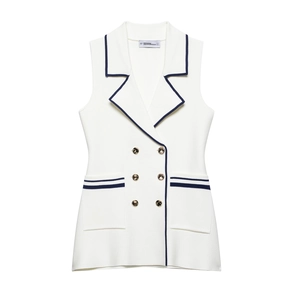 Women French Style Knit Vest Sleeveless V-Neck Double Breasted Waistcoat With Gold Buttons Contrast Trim Casual Elegant Top