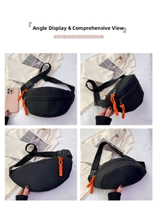 Detailed multi-angle view of a black canvas chest bag with bright orange zipper pulls