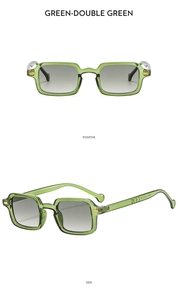 Front and side view of retro green square frame sunglasses with gradient grey lenses
