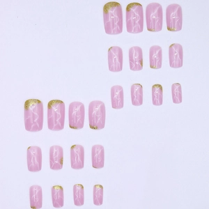 Pink marble press-on nails set with gold glitter accents and white marble patterns