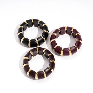 Chic acrylic oval elastic bracelets set in black and dark red brown with gold metal links