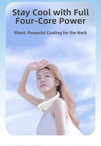 Close-up of white neck fan with dual-airway design worn by model against blue sky