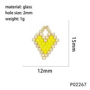 Dimensions détaillées de la perle en verre jaune en forme de cœur de 15mm x 12mm
