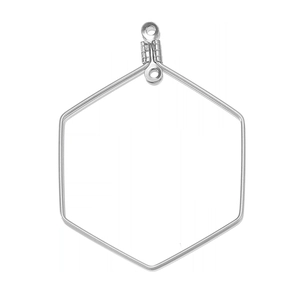 Detailed macro of a silver hexagonal jewelry frame with hinges for DIY earrings