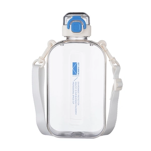 Minimalist square sports water bottle with blue lid and adjustable white shoulder strap