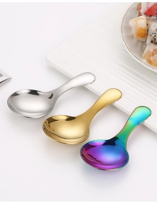 Detailed view of 304 stainless steel dessert spoons in silver, gold, and rainbow finishes