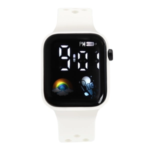 Minimalist white square LED digital sports watch with astronaut and rainbow graphics