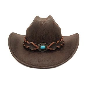 Dark brown wide-brim cowboy hat with turquoise leather band decoration in retro style