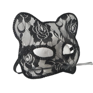 Elegant black lace cat ear mask with floral patterns for Halloween masquerade party