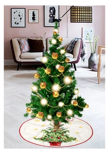 Detailed view of a white Christmas tree skirt with red wavy edges and printed tree patterns