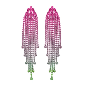 Elegant long gradient rhinestone tassel earrings with pink, purple and green crystal fringes
