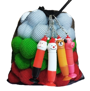 Detail of Christmas telescopic pipe toys featuring Santa and bear charms in a mesh bag