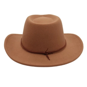 Detail of a brown wool felt cowboy hat with flat top and minimalist rope accent