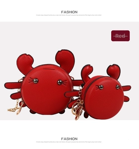 Red crab-shaped coin purse with litchi grain faux leather and gold chain detail