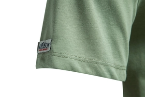 Detail of olive green cotton T-shirt cuff with OPESON woven label and double stitching