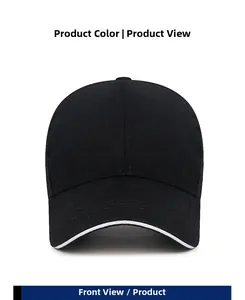 Front view of black cotton baseball cap featuring a distinctive white sandwich brim detail