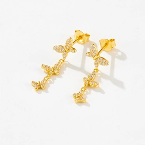 Elegant S925 sterling silver butterfly drop earrings with white cubic zirconia in gold