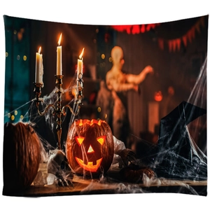 Halloween Wandteppich mit leuchtenden Kürbissen, Totenköpfen und Hexenhüten Deko