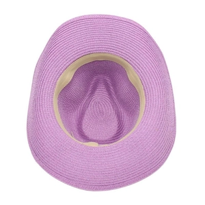 Top-down detail view of a purple straw cowboy sun hat showing internal sweatband