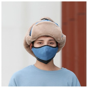 Close-up of winter trapper hat with thick faux fur lining and matching blue face mask