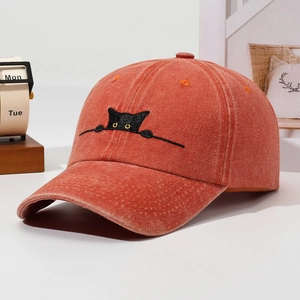 Vintage washed brick red baseball cap with cute black cat embroidery and adjustable fit