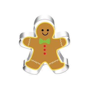 Detail of gingerbread man cookie cutter in stainless steel with festive cartoon design