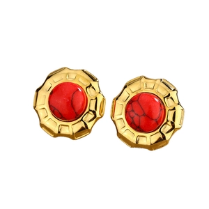 Vintage 18K gold plated round turquoise cat eye earrings with red marble stone detail