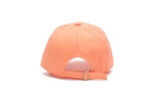 Detail view of the adjustable back strap and silver metal buckle on the orange cotton cap