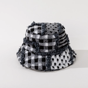 Patchwork Bucket Hat Woolen Plaid Checkerboard Pattern Frayed Edge Warm Winter Basin Hat For Women And Men