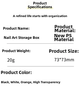 Specifications of 73x73mm transparent PS storage box for press-on nails in 4 colors