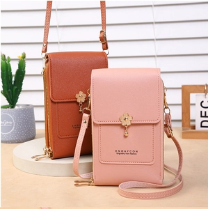 Brown and pink crossbody phone bags with lychee grain PU leather and metal flower pendant