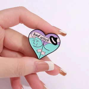 Cartoon bad witch heart-shaped enamel brooch pin with spider and demon motifs