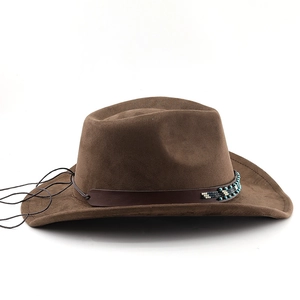 Detail of western cowboy hat with suede texture, ethnic beaded leather band and chin strap