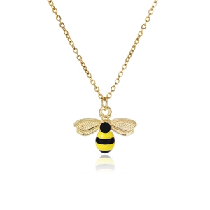 Elegant gold alloy bee pendant necklace with yellow and black enamel on a cross chain